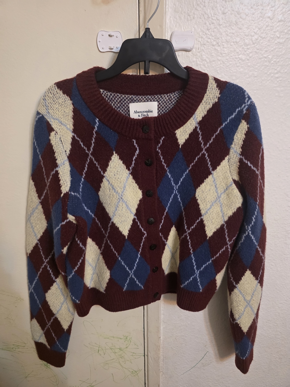 Abercrombie & Fitch Women's Burgundy Argyle Button-Up Sweater